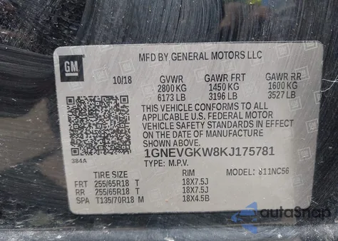 2019 Chevrolet Traverse 1Lt z USA, uszkodzony, nr VIN 1GNEVGKW8KJ175781